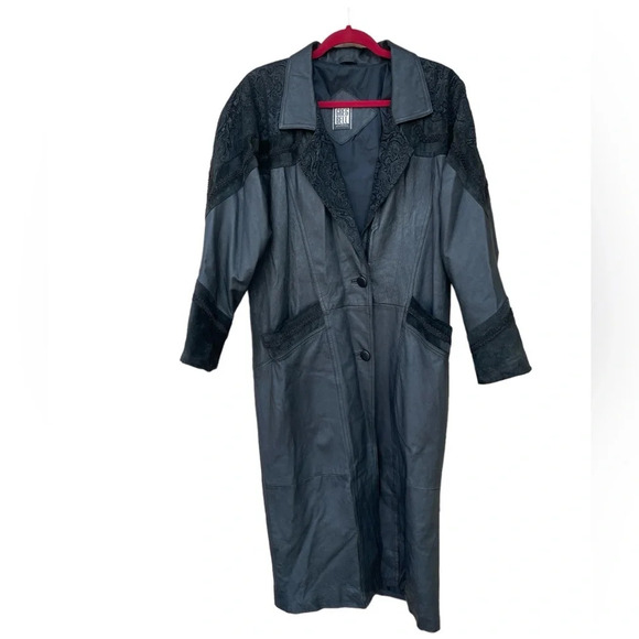 Greg Bell Leather Trench Coat Long Sleeve Collared Button Midi Black Size S - Picture 16 of 16